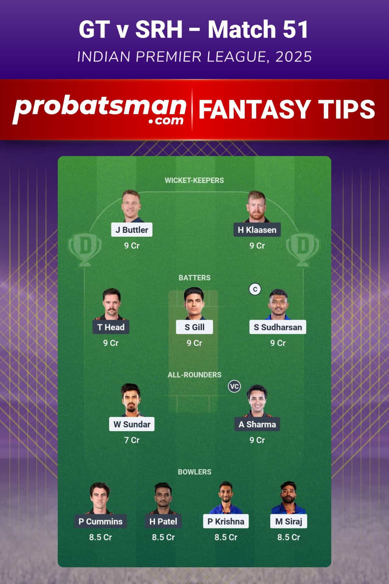 GT vs SRH Dream11 Prediction For 51st Match of IPL 2025