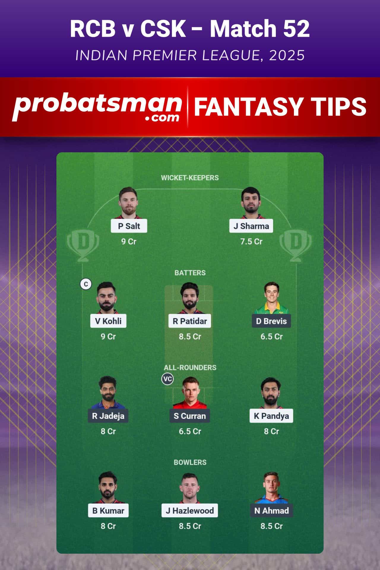 RCB vs CSK Dream11 Prediction For 52nd Match of IPL 2025