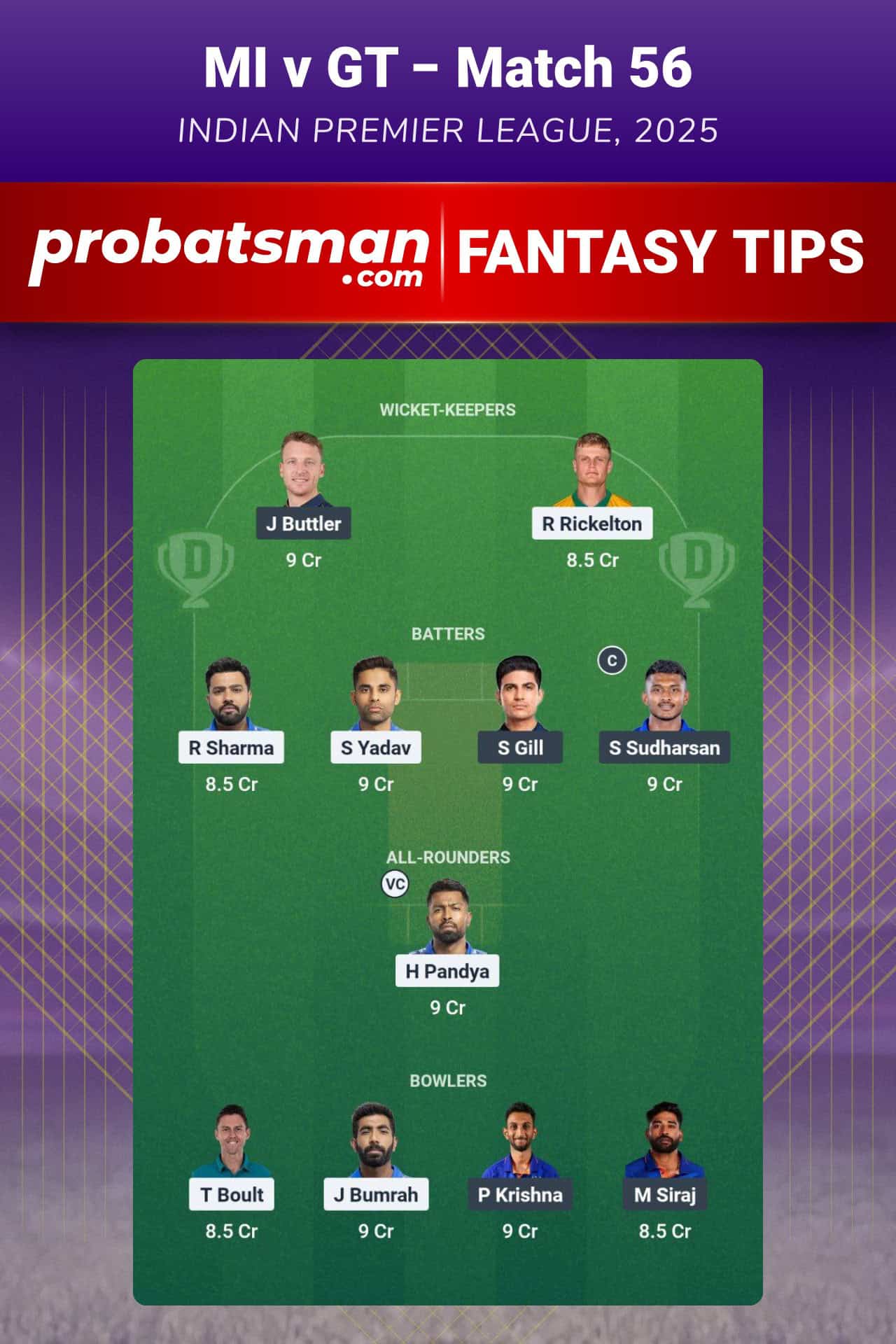 MI vs GT Dream11 Prediction For 56th Match of IPL 2025