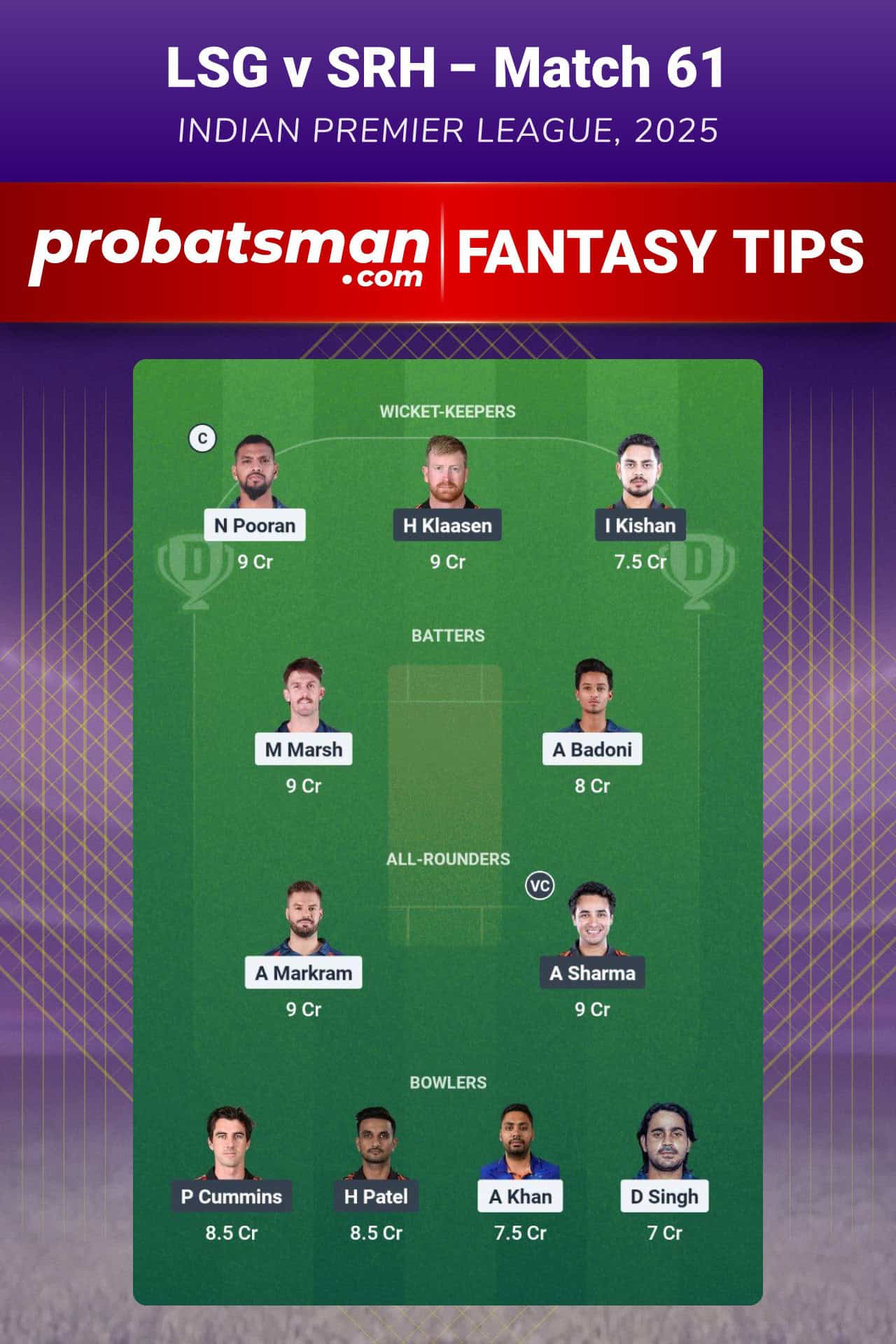 LSG vs SRH Dream11 Prediction For 61st Match of IPL 2025 