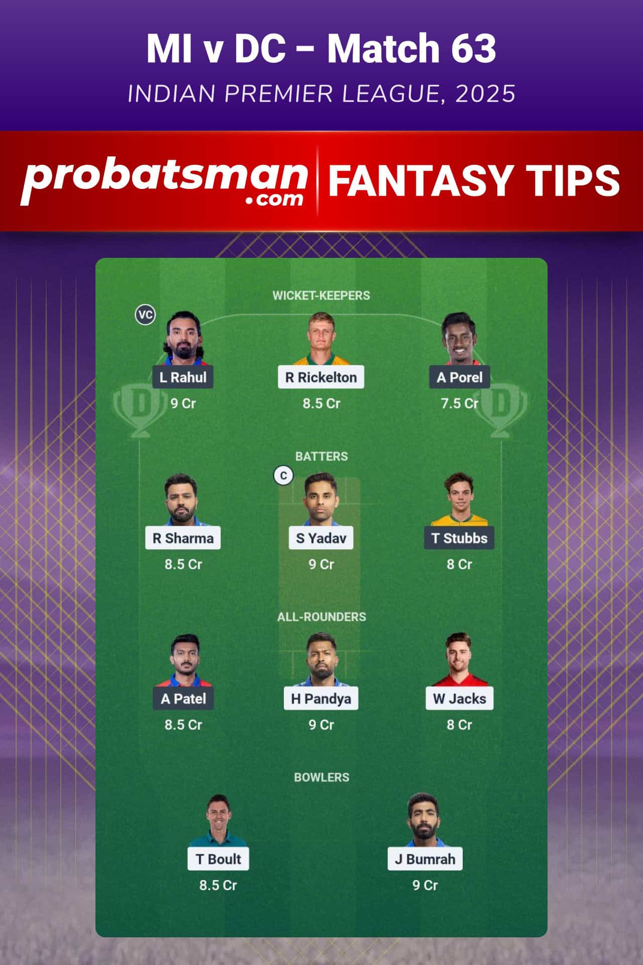 MI vs DC Dream11 Prediction For 63rd Match of IPL 2025