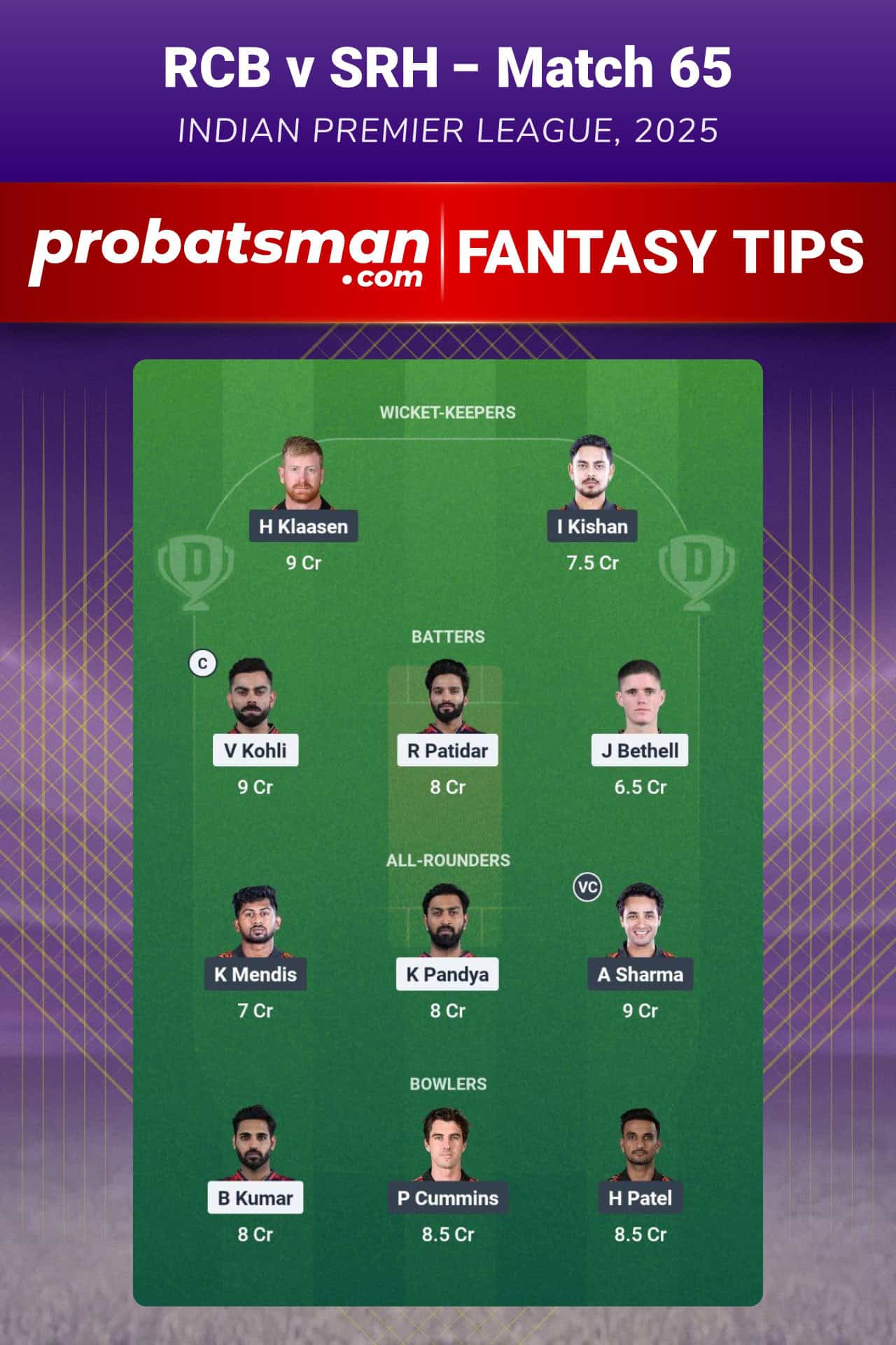 RCB vs SRH Dream11 Prediction For 65th Match of IPL 2025
