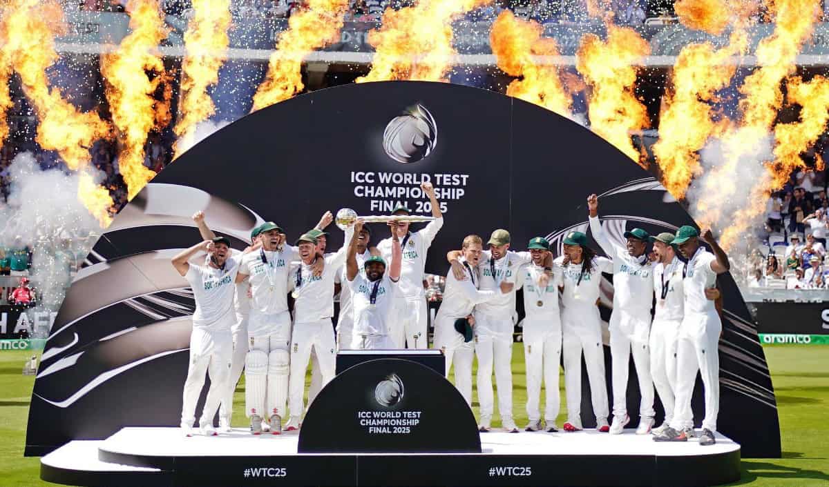 South Africa Captain Temba Bavuma lifts the ICC World Test Championship Mace with teammates after defeating Australia in WTC Final 2025