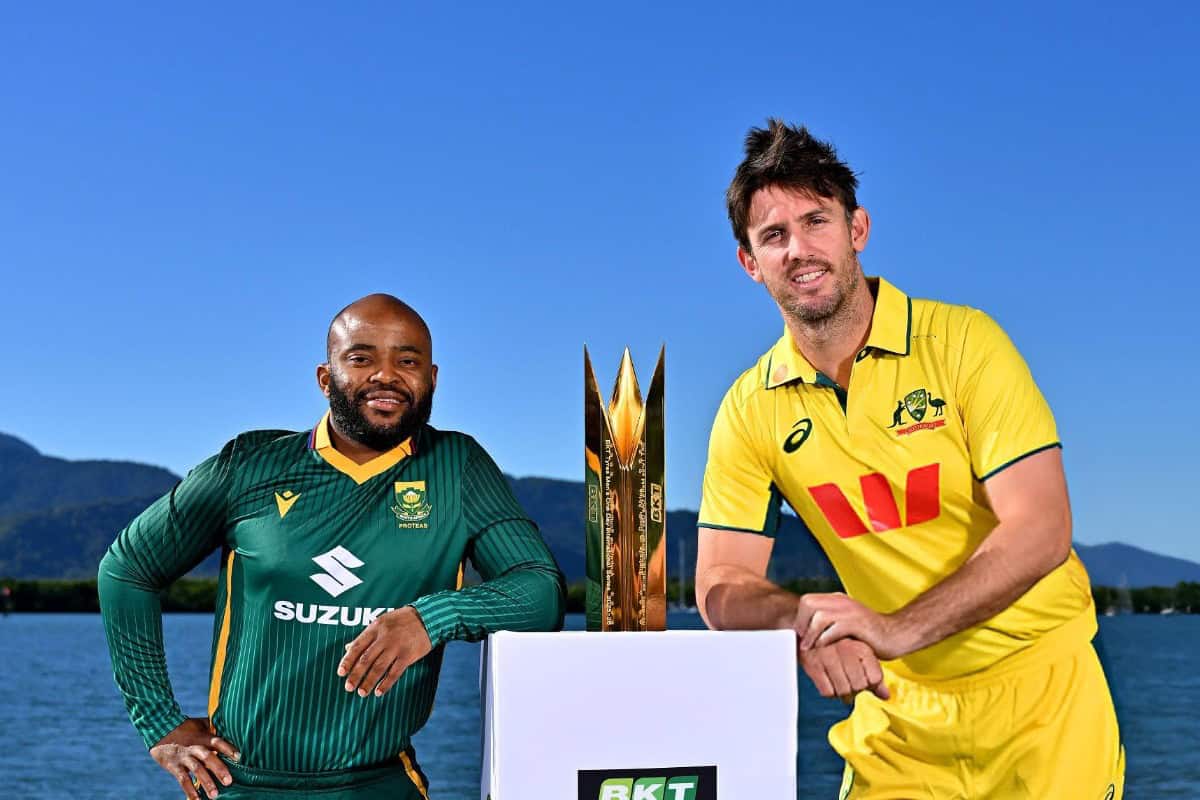 AUS vs SA Dream11 Prediction Today 1st ODI of South Africa tour of Australia, 2025 Fantasy Cricket Tips, Playing XI, Pitch Report, Head to Head & Player Stats Temba Bavuma and Mitchell Marsh with Trophy ahead of Three Match ODI Series between Australia and South Africa